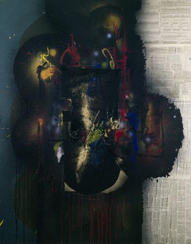 Journal d'une liturgie brulée, 1994, acrylique et encres sur papier journal marouflé sur toile, 146 x 114 cm