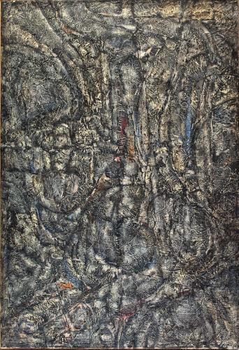 Galets froissés, 1957, huile sur papier froissé marouflé sur toile